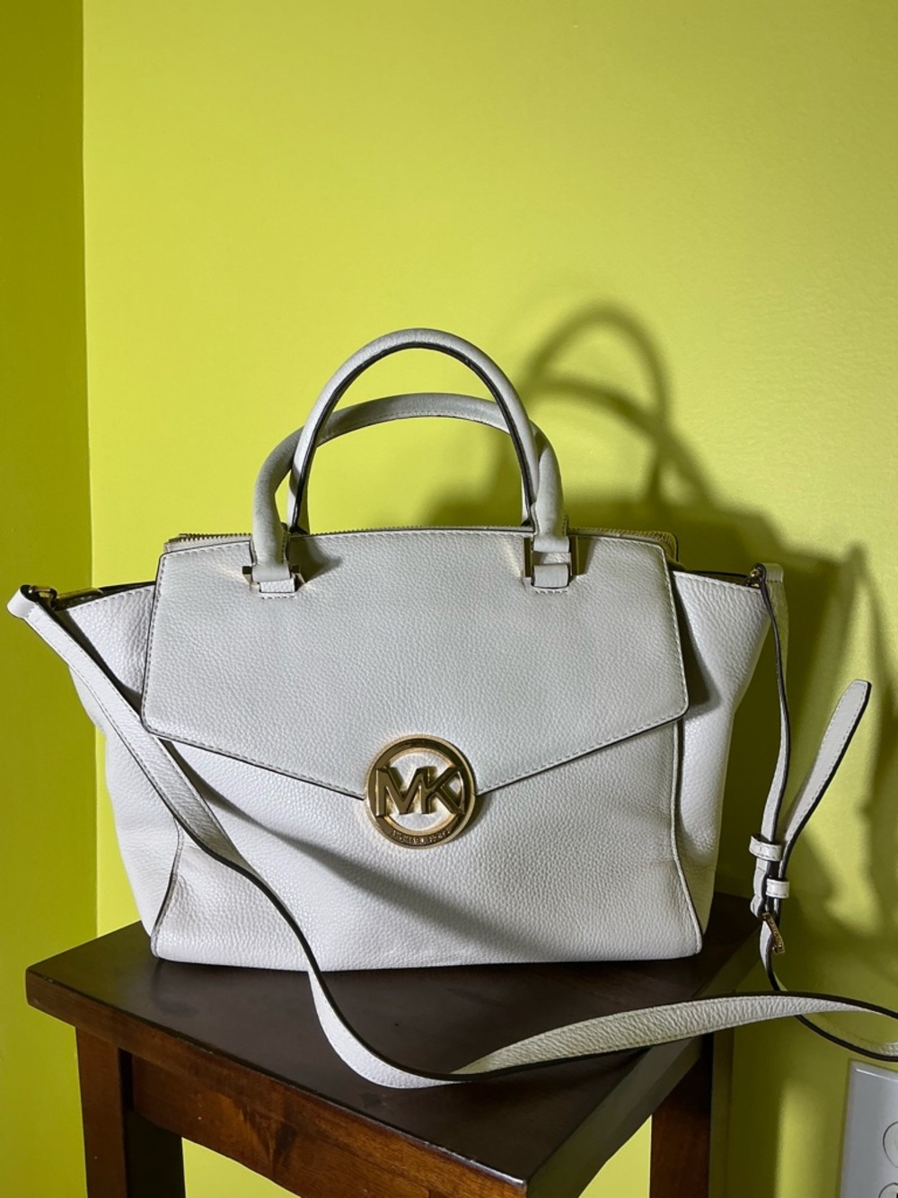 Michael Kors White Leather Satchel with Gold MK Medallion